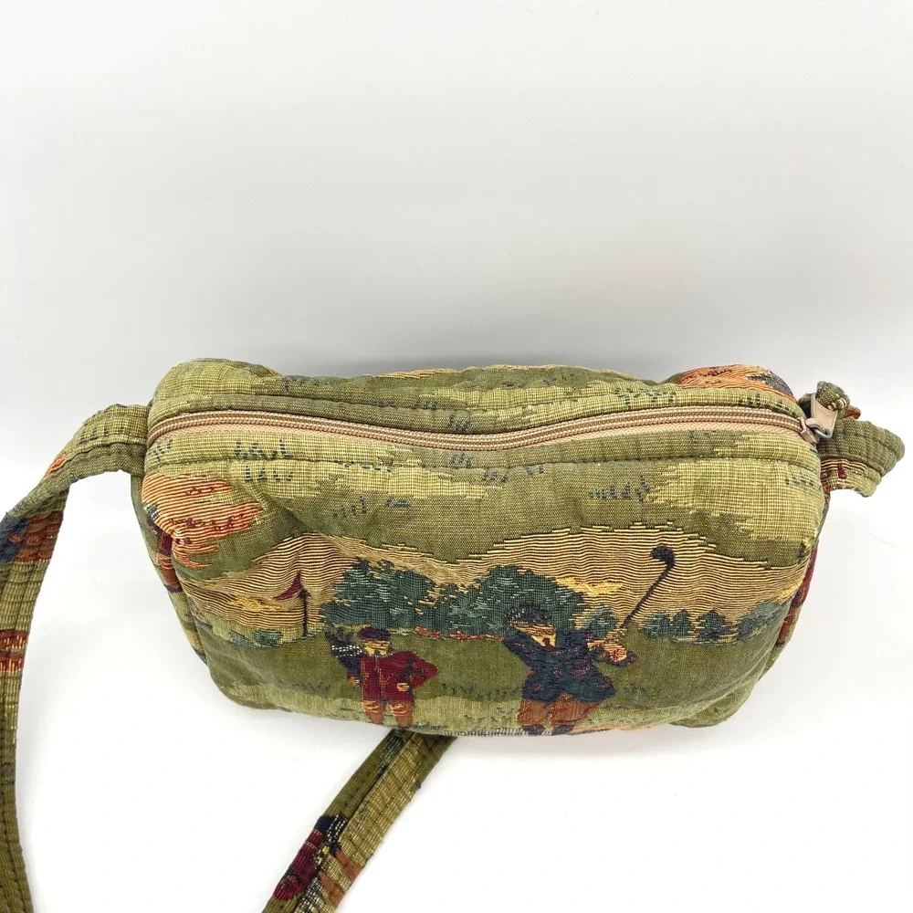 Vintage Golf Tapestry Crossbody Bag Green Scenic Woven Shoulder Purse